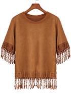 Romwe Round Neck Tassel Khaki T-shirt