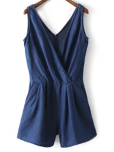 Romwe Blue Cross V Neck Front Zipper Back Denim Romper