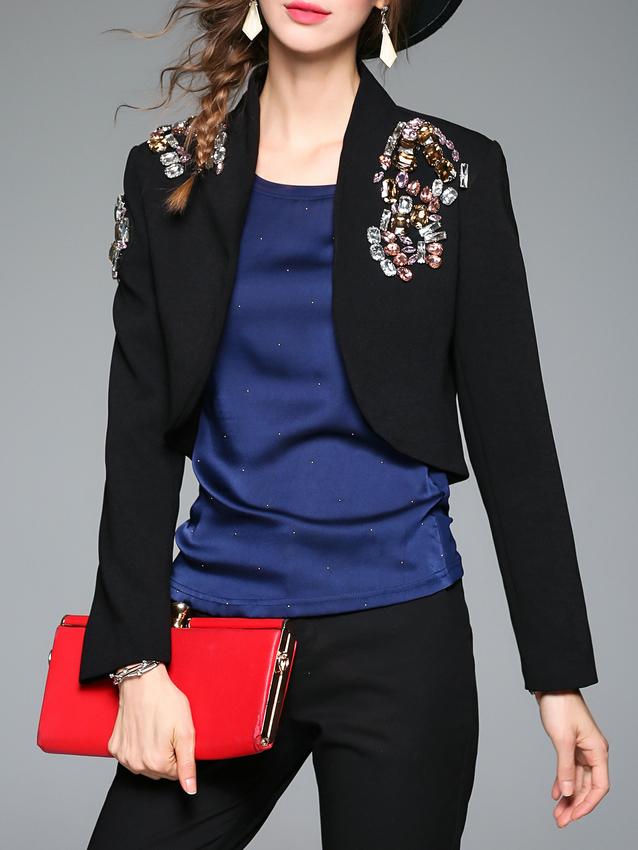 Romwe Black Long Sleeve Beading Crop Coat