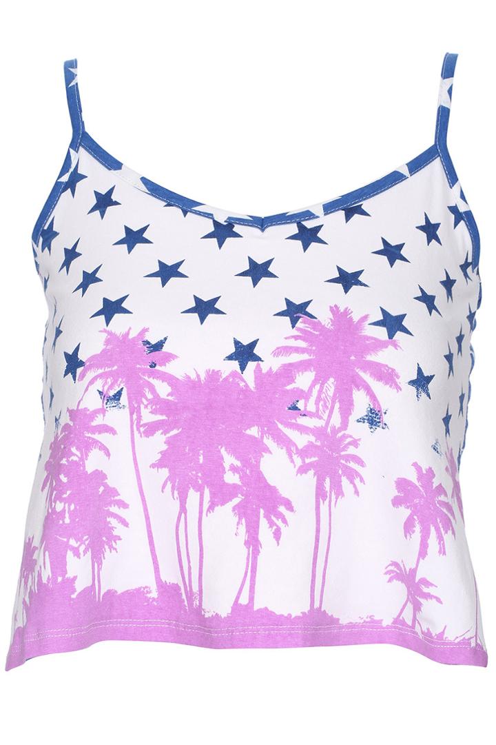 Romwe Romwe Star & Coconut Tree Print Cropped Blue Camisole Vest