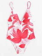 Romwe Leaf Print Open Back Swimsuit