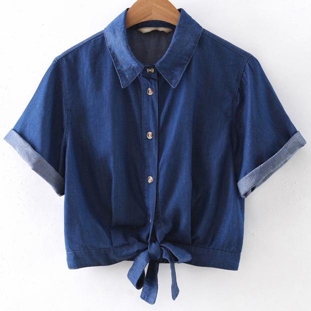 Romwe Blue Roll Cuff Self-tie Bow Bottons Front Denim Blouse