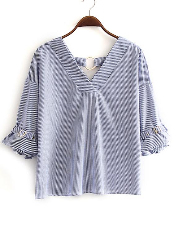 Romwe Blue Double V Neck Stripe Blouse