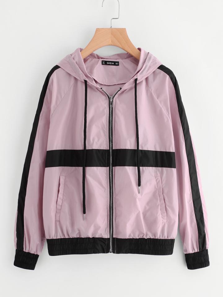 Romwe Striped Raglan Sleeve Hoodie Jacket