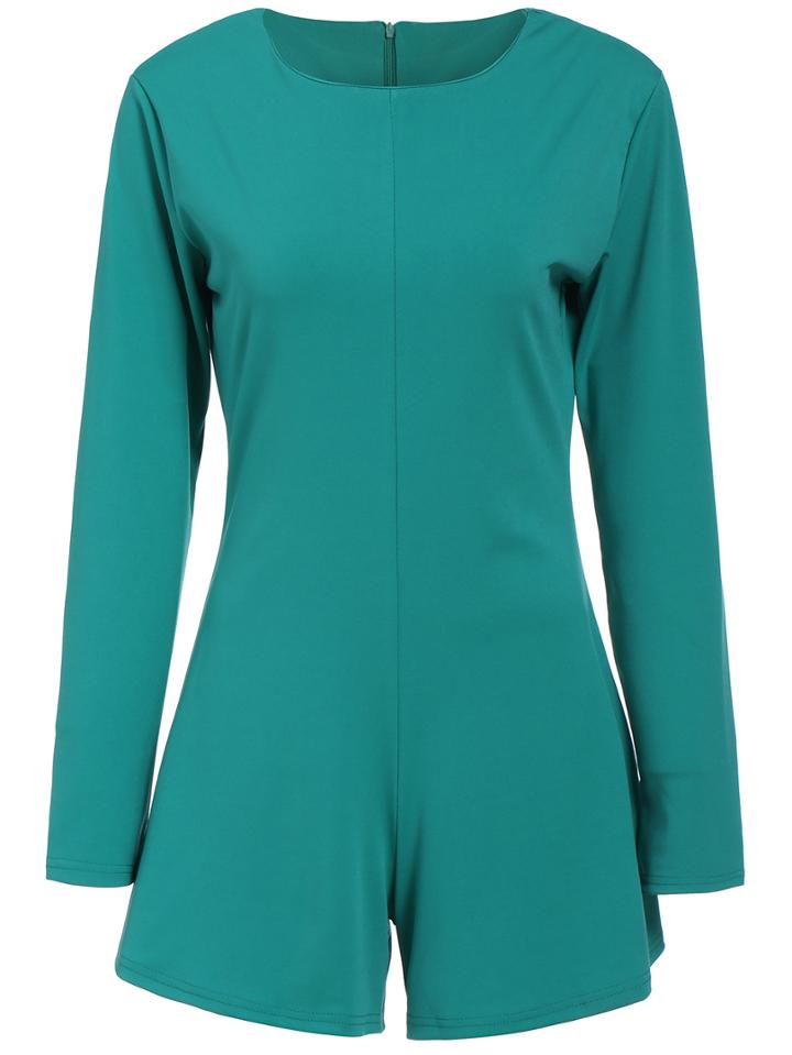 Romwe Long Sleeve Zipper Green Romper