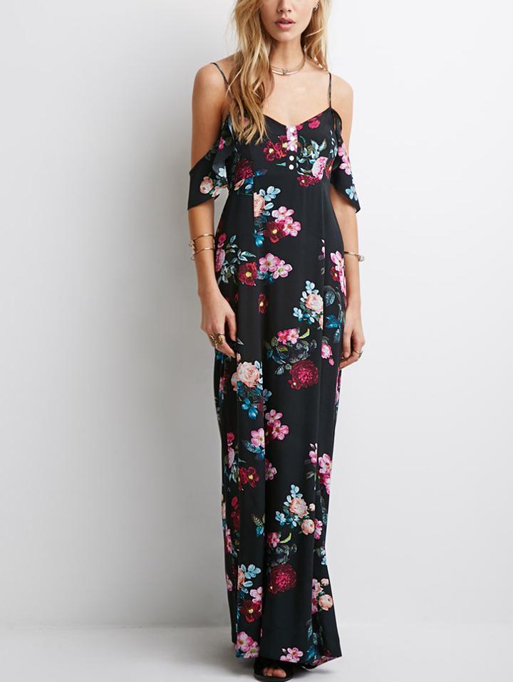 Romwe Cold Shoulder Flower Print Maxi Dress