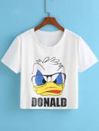 Romwe Donald Duck Print White T-shirt