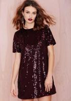 Romwe Wine Red Short Sleeve Sequined Dress