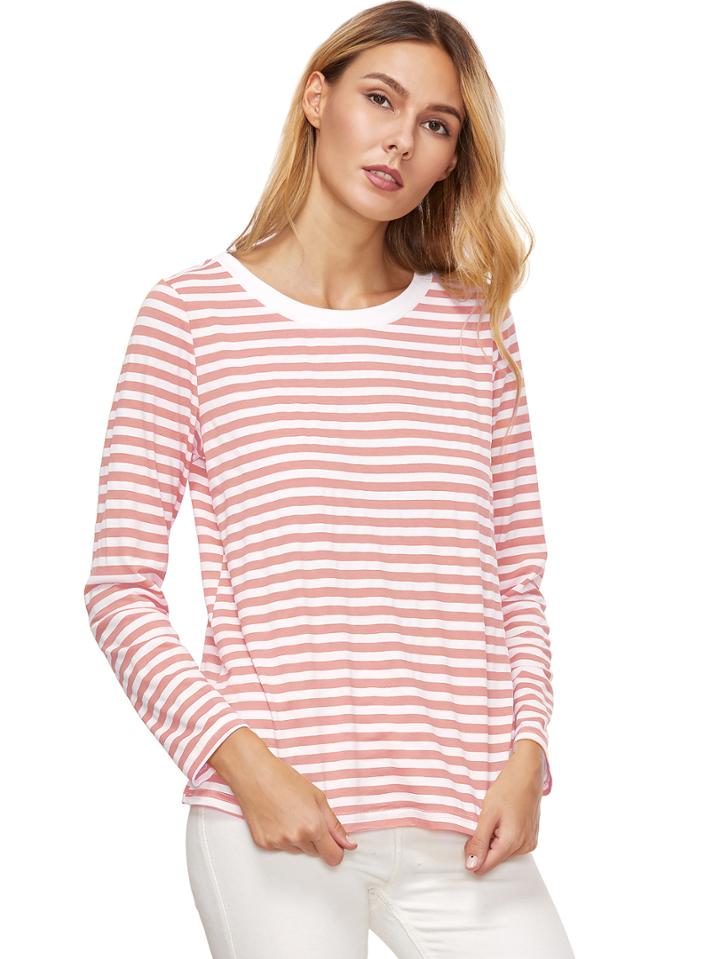Romwe Pink Striped Long Sleeve T-shirt