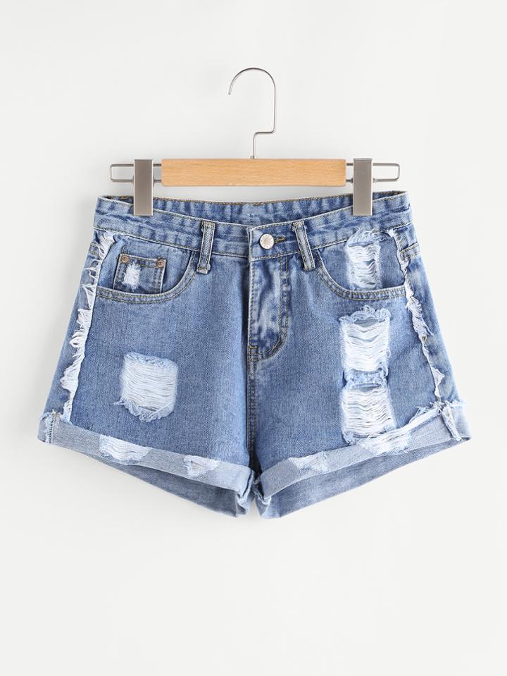 Romwe Rolled Cuff Frayed Detail Ripped Denim Shorts