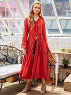 Romwe Fringe Trim Slit Waist Tiered Pleated Dress