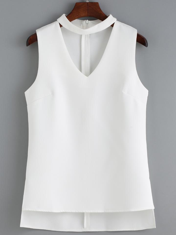 Romwe V Neck High Low White Tank Top
