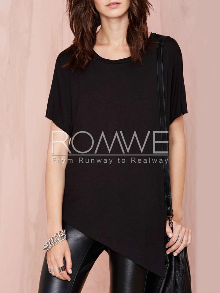 Romwe Black Short Sleeve Asymmetric T-shirt