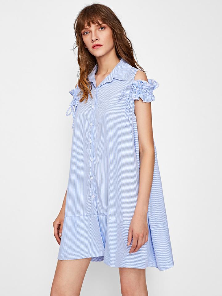 Romwe Drawstring Frilled Cold Shoulder Swing Shirt Dress