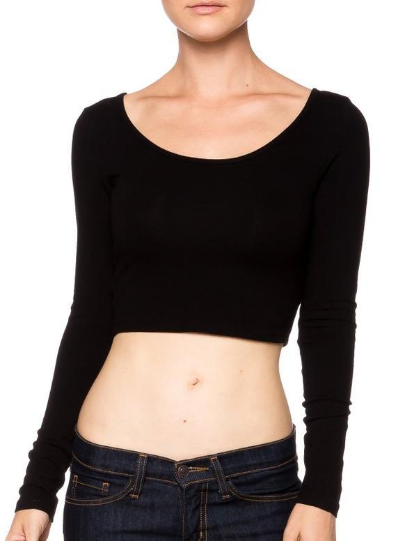 Romwe Scoop Neck Long Sleeve Crop T-shirt - Black