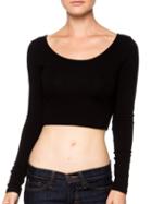 Romwe Scoop Neck Long Sleeve Crop T-shirt - Black