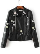 Romwe Black Flower Embroidery Asymmetric Zip Moto Jacket