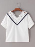 Romwe White Lanttern Sleeve V Neck Crochet T-shirt