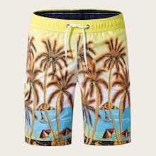 Romwe Guys Coconut Tree Print Shorts