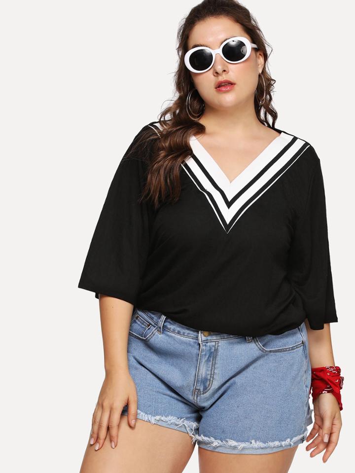Romwe V Neckline Contrast Stripe Tee