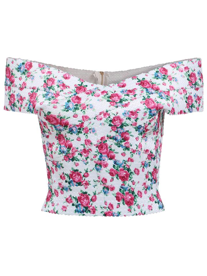 Romwe Off-shoulder Floral Crop White Top