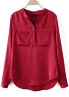 Romwe Red Long Sleeve Pockets Loose Blouse