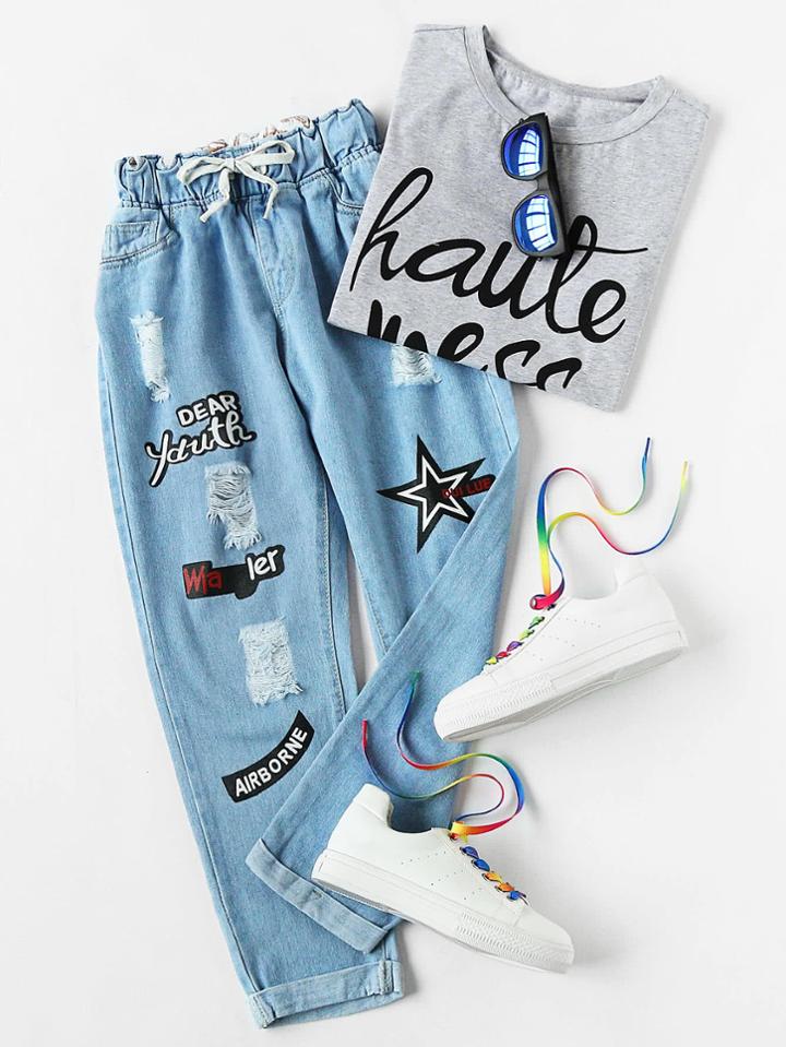 Romwe Ripped Cuffed Offset Printing Jeans