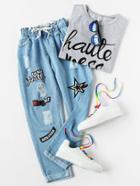 Romwe Ripped Cuffed Offset Printing Jeans