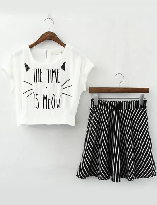 Romwe Letter Embroidered Top With Vertical Striped Skirt