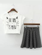 Romwe Letter Embroidered Top With Vertical Striped Skirt