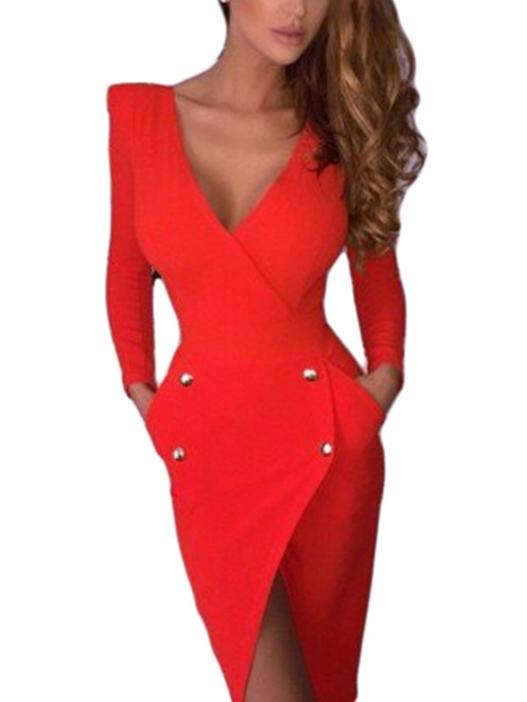 Romwe Deep V Neck Buttons Wrap Red Dress
