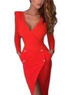 Romwe Deep V Neck Buttons Wrap Red Dress
