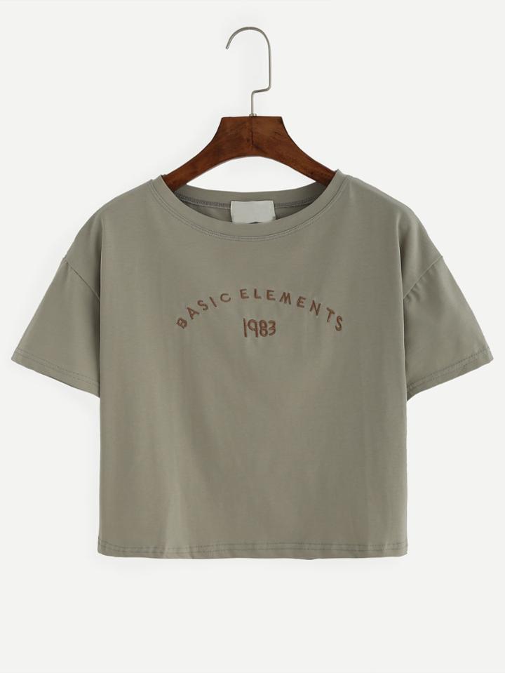 Romwe Dropped Shoulder Embroidered Crop T-shirt