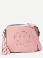 Romwe Pink Tassel Trim Laser Cutout Smiley Square Crossbody Bag