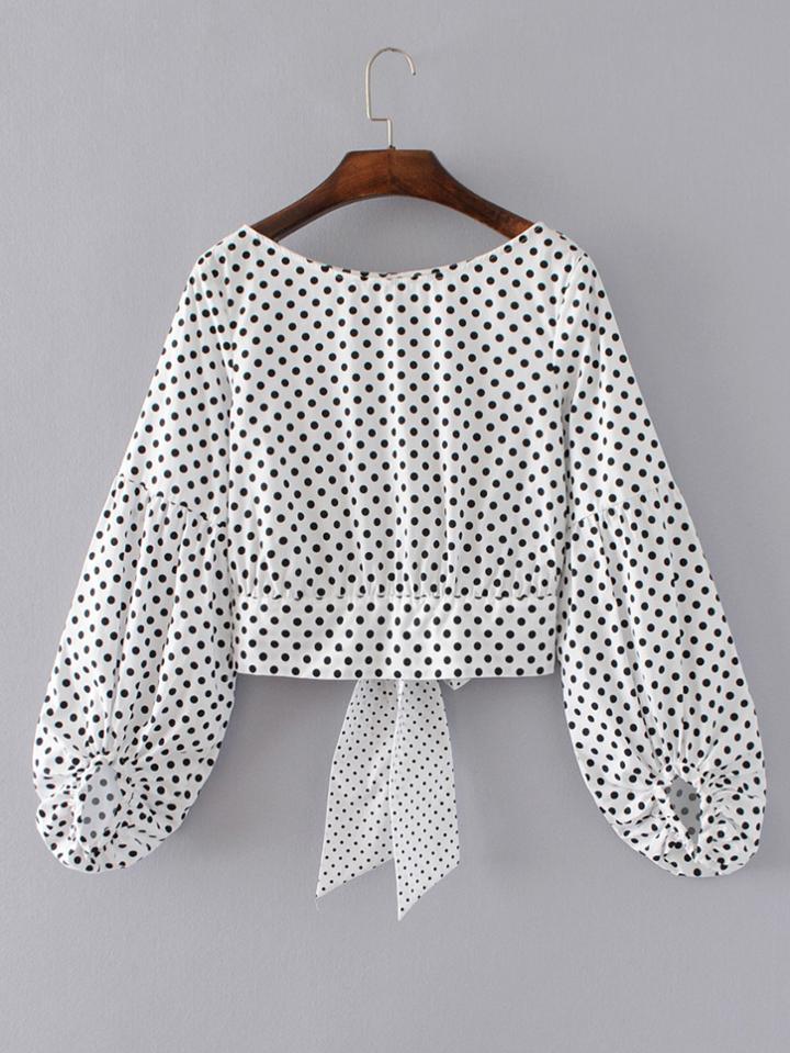 Romwe Lantern Sleeve Polka Dot Bow Tie Back Top