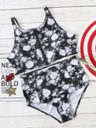Romwe Black And White Floral Print High Waist Zipper Bikini Set