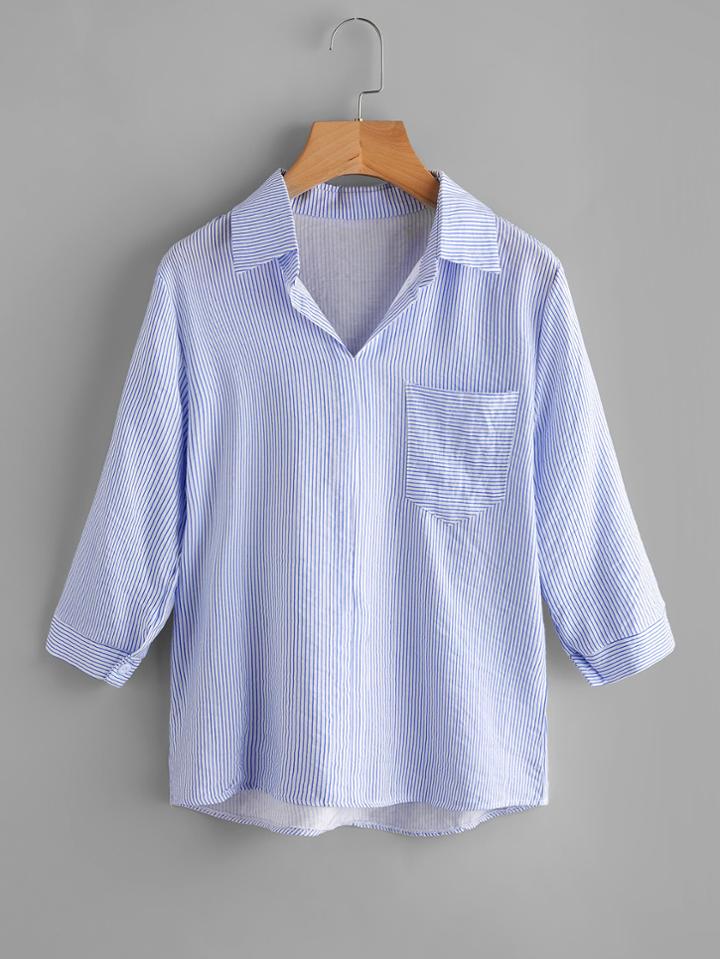 Romwe Striped Shirt With Chest Pocket