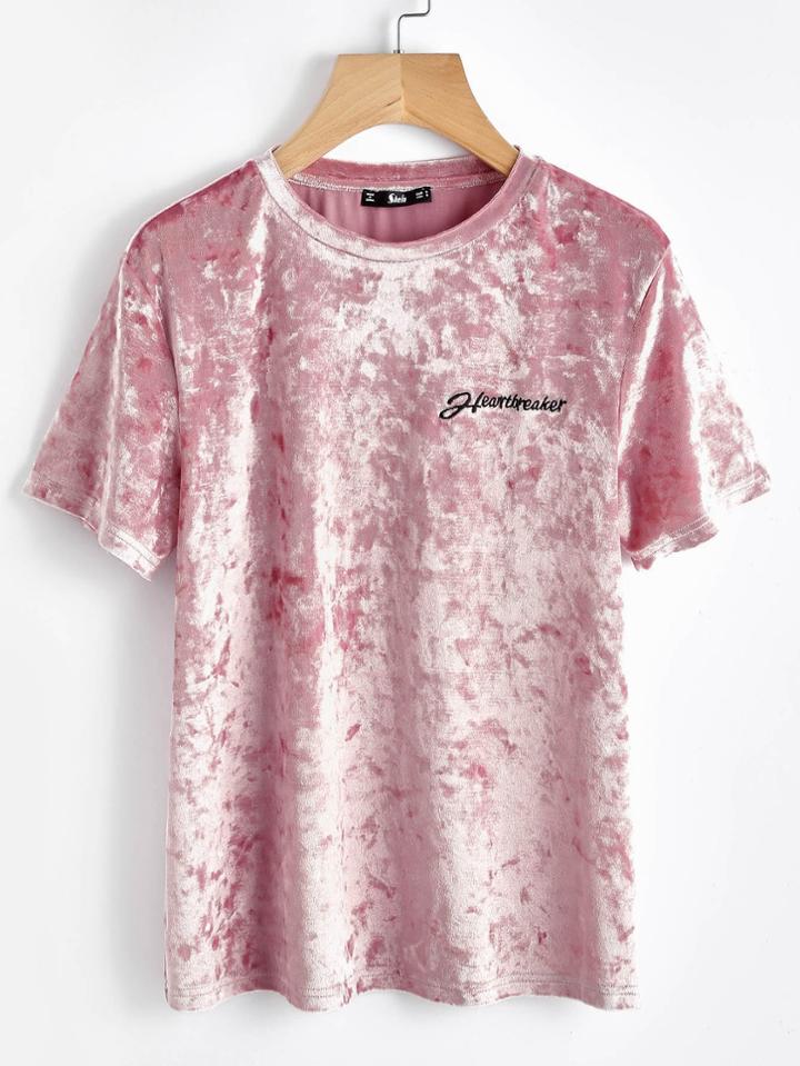 Romwe Letter Embroidered Crushed Velvet Tee