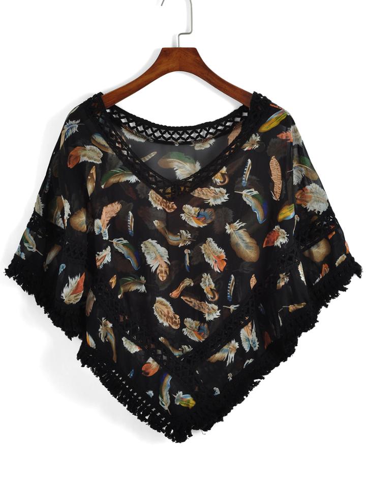 Romwe Bat Sleeve Tassel Feather Print Chiffon Top