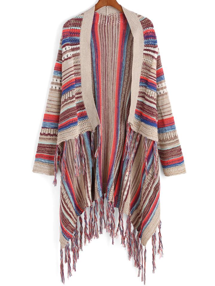 Romwe Striped Tassel Asymmetrical Coat