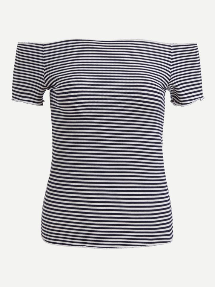 Romwe Off Shoulder Striped Tee