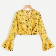 Romwe Figure And Letter Print Flounce Sleeve Blouse