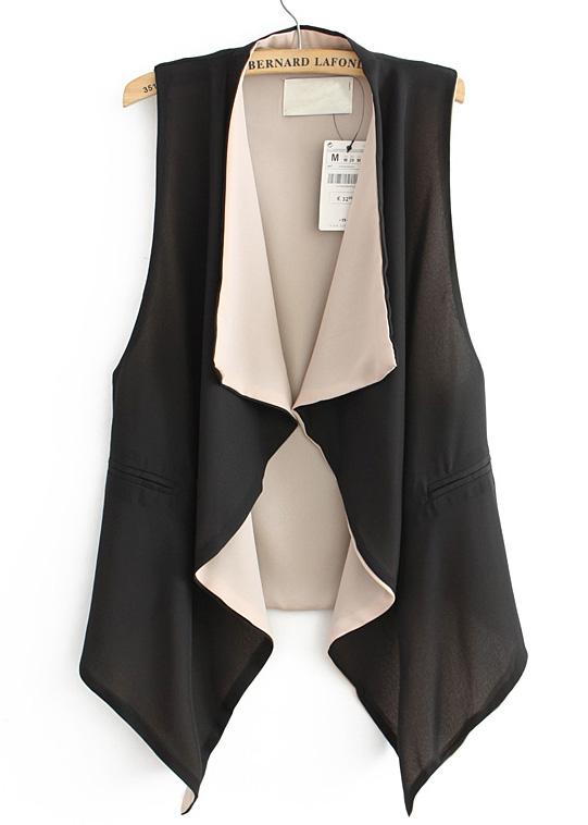 Romwe Sleeveless Pockets Chiffon Black Vest