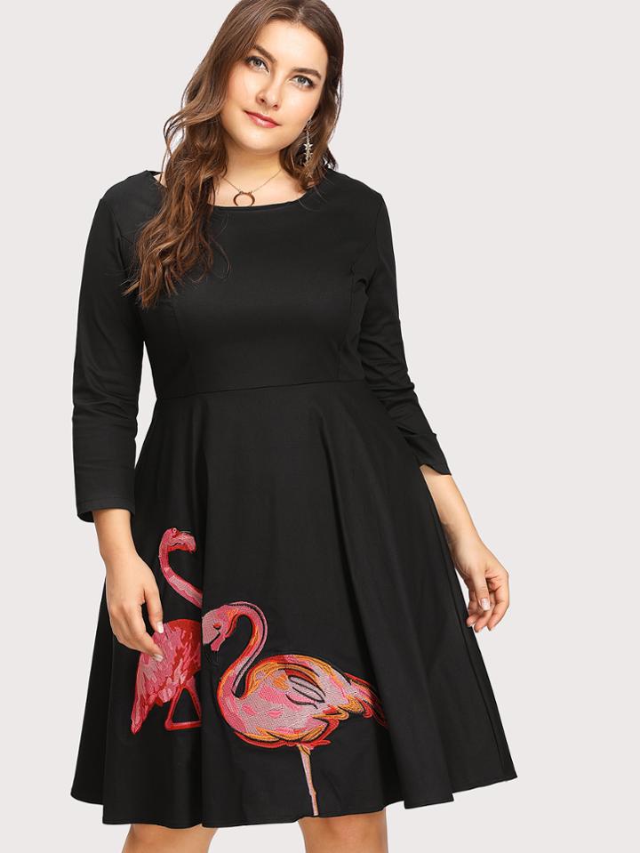 Romwe Flamingo Embroidered Circle Dress