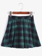 Romwe Green Plaid Pleated A Line Skirt