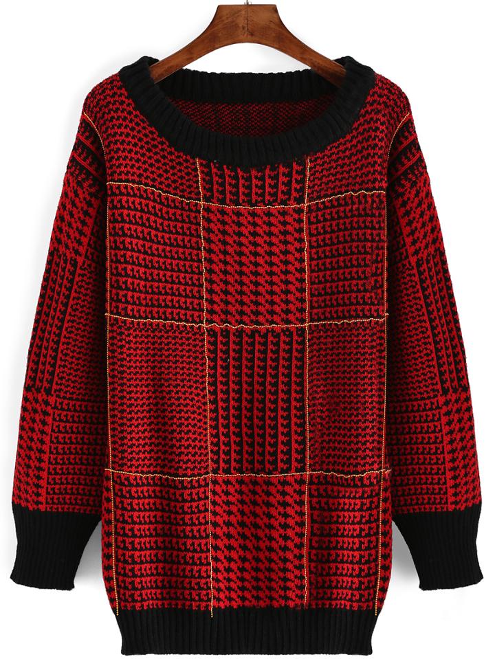 Romwe Color-block Houndstooth Long Sleeve Sweater