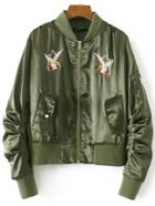 Romwe Army Green Eagle Embroidery Bomber Jacket