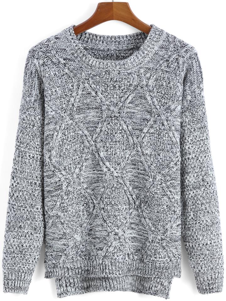 Romwe Dip Hem Slit Diamond Pattern Grey Sweater