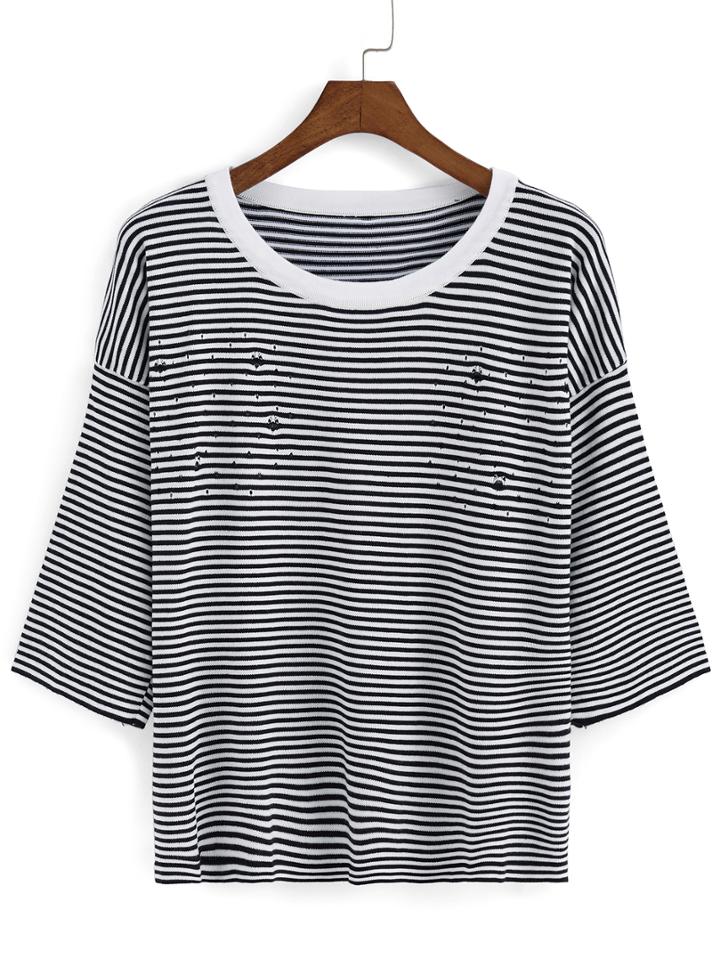 Romwe Striped Hollow Loose Sweater
