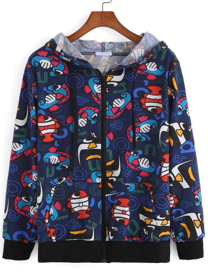 Romwe Hooded Cartoon Print Zipper Sweatshirt